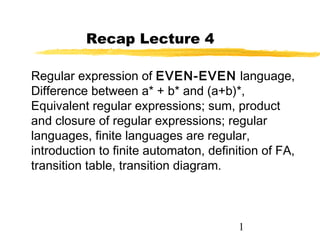1
Recap Lecture 4
Regular expression of EVEN-EVEN language,
Difference between a* + b* and (a+b)*,
Equivalent regular expressions; sum, product
and closure of regular expressions; regular
languages, finite languages are regular,
introduction to finite automaton, definition of FA,
transition table, transition diagram.
 