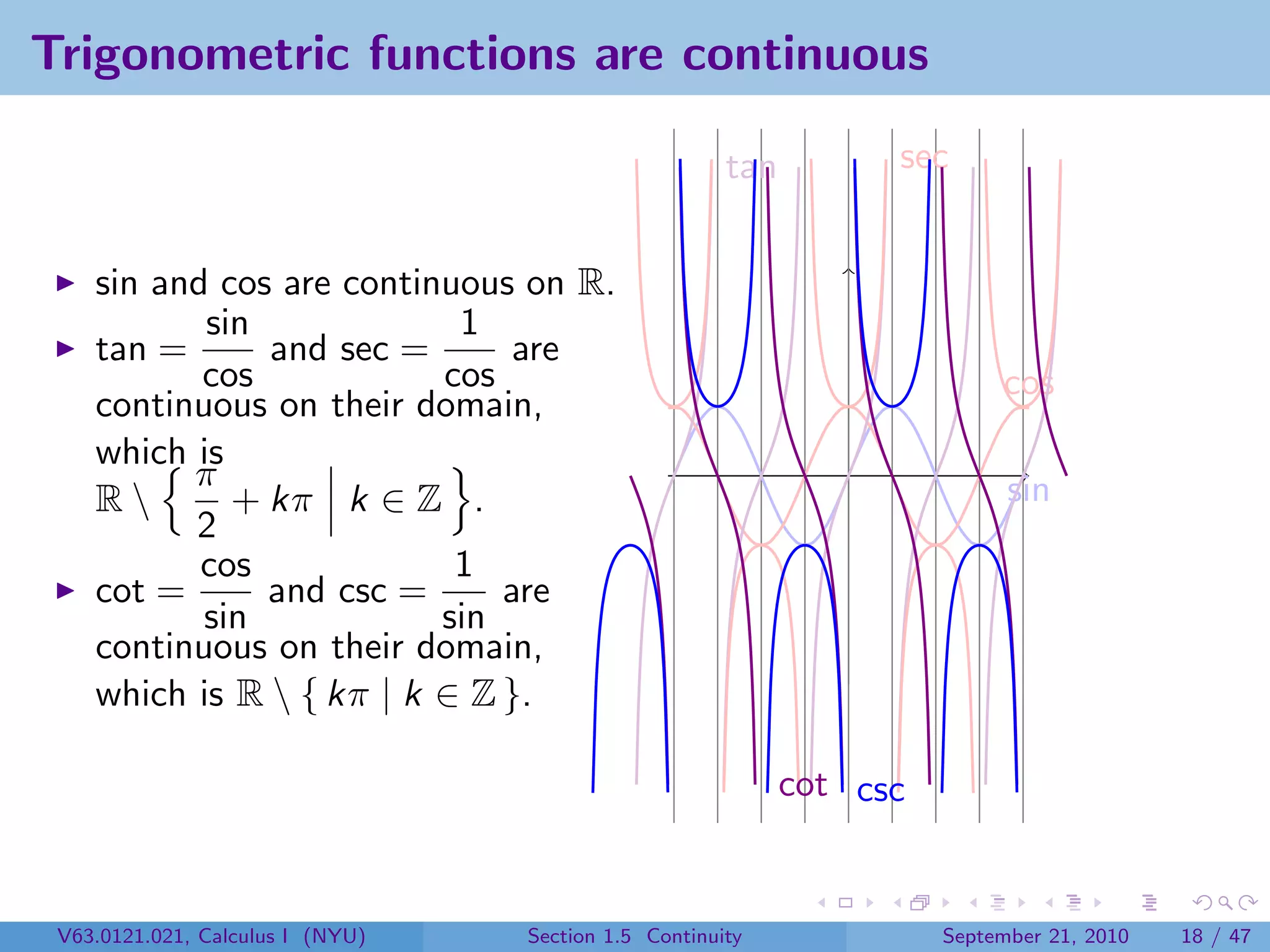 Trigonometric functions are continuous

                                                      tan         sec


    sin and cos are continuous on R.
           sin             1
    tan =      and sec =       are
           cos            cos                                              cos
    continuous on their domain,
    which is
          π                                                                 sin
    R       + kπ k ∈ Z .
          2
           cos             1
    cot =      and csc =      are
           sin            sin
    continuous on their domain,
    which is R  { kπ | k ∈ Z }.

                                                            cot csc


 V63.0121.021, Calculus I (NYU)   Section 1.5 Continuity              September 21, 2010   18 / 47
 
