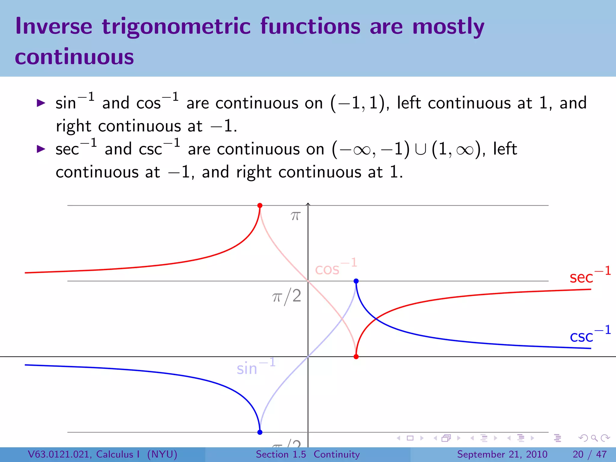 Inverse trigonometric functions are mostly
continuous
      sin−1 and cos−1 are continuous on (−1, 1), left continuous at 1, and
      right continuous at −1.
      sec−1 and csc−1 are continuous on (−∞, −1) ∪ (1, ∞), left
      continuous at −1, and right continuous at 1.

                                           π

                                                cos−1                             sec−1
                                       π/2

                                                                                  csc−1
                                  sin−1



 V63.0121.021, Calculus I (NYU)     −π/2
                                    Section 1.5 Continuity   September 21, 2010   20 / 47
 