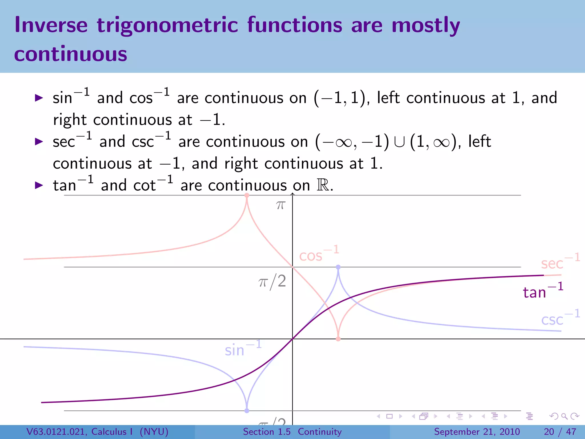 Inverse trigonometric functions are mostly
continuous
      sin−1 and cos−1 are continuous on (−1, 1), left continuous at 1, and
      right continuous at −1.
      sec−1 and csc−1 are continuous on (−∞, −1) ∪ (1, ∞), left
      continuous at −1, and right continuous at 1.
      tan−1 and cot−1 are continuous on R.
                                   π

                                                cos−1                               sec−1
                                       π/2
                                                                                  tan−1
                                                                                    csc−1
                                  sin−1



 V63.0121.021, Calculus I (NYU)     −π/2
                                    Section 1.5 Continuity   September 21, 2010     20 / 47
 
