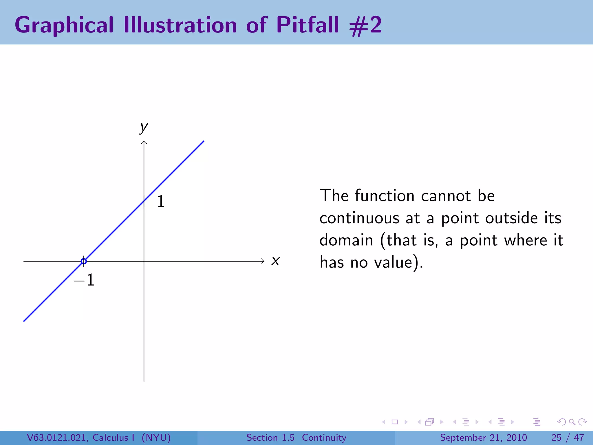 Graphical Illustration of Pitfall #2



                        y



                            1                     The function cannot be
                                                  continuous at a point outside its
                                                  domain (that is, a point where it
                                       x          has no value).
          −1




 V63.0121.021, Calculus I (NYU)   Section 1.5 Continuity          September 21, 2010   25 / 47
 