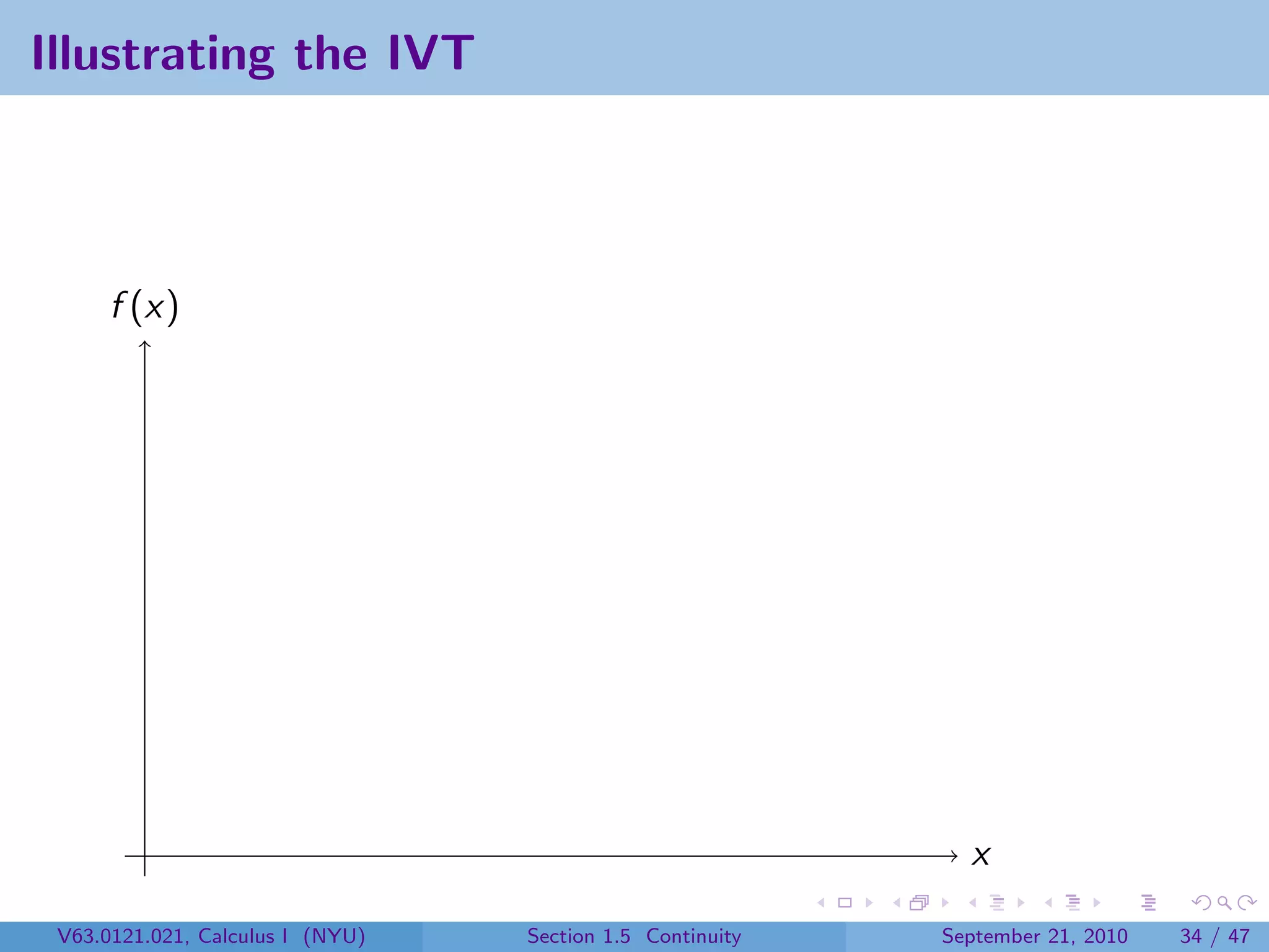 Illustrating the IVT



      f (x)




                                                             x

 V63.0121.021, Calculus I (NYU)   Section 1.5 Continuity   September 21, 2010   34 / 47
 