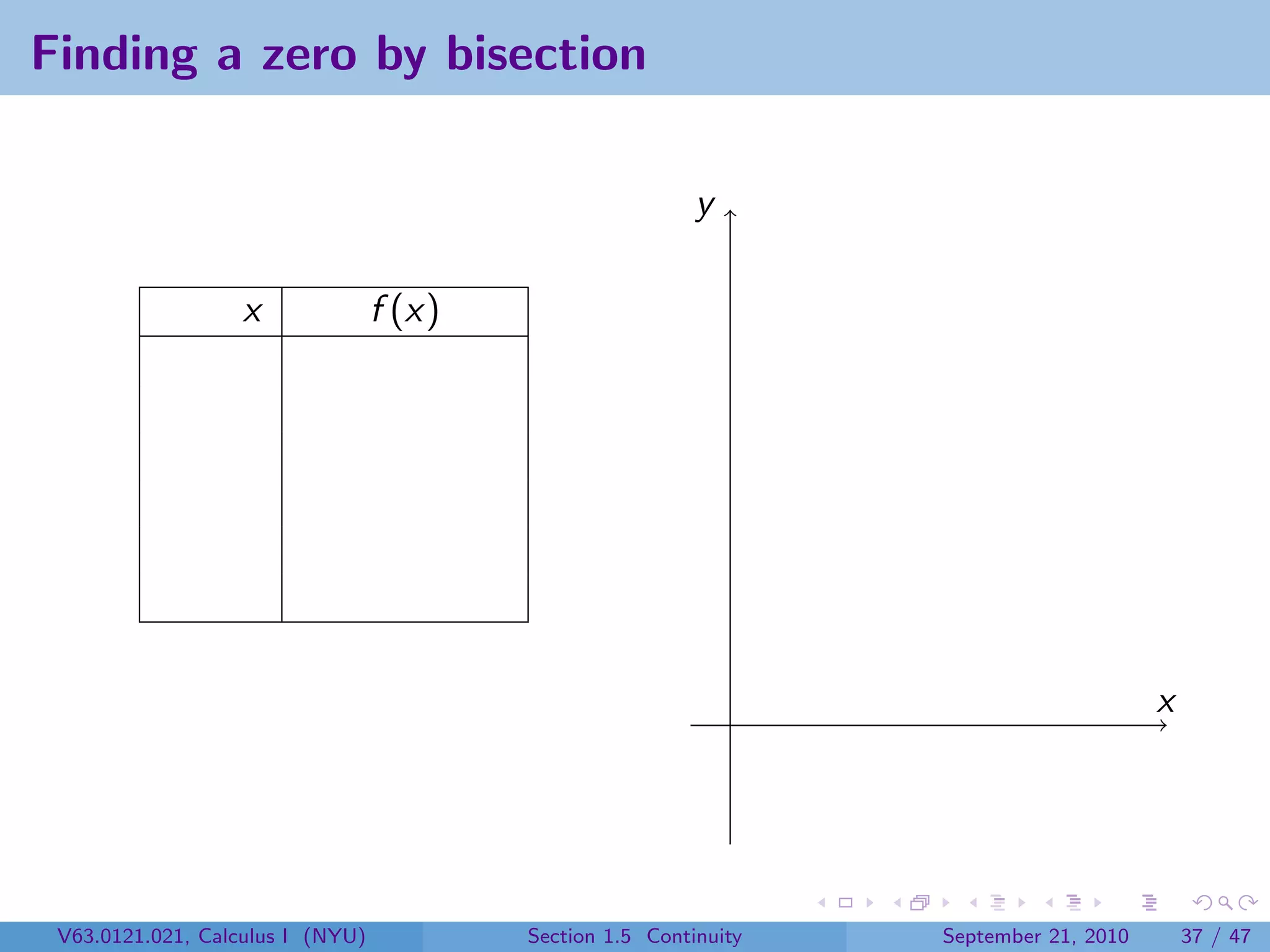 Finding a zero by bisection

                                                           y

                   x              f (x)




                                                                                        x




 V63.0121.021, Calculus I (NYU)           Section 1.5 Continuity   September 21, 2010       37 / 47
 