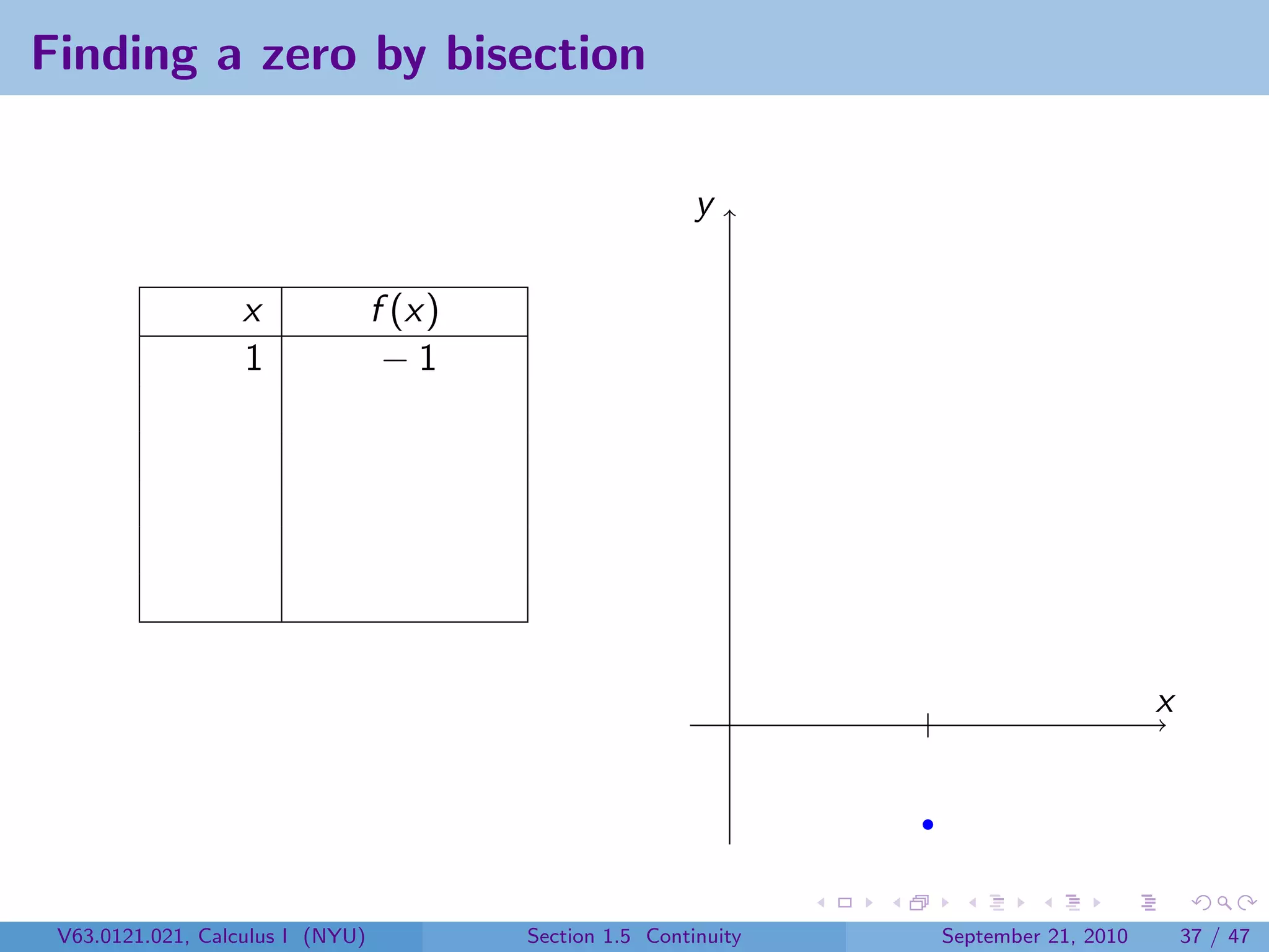 Finding a zero by bisection

                                                           y

                   x              f (x)
                   1               −1




                                                                                        x




 V63.0121.021, Calculus I (NYU)           Section 1.5 Continuity   September 21, 2010       37 / 47
 