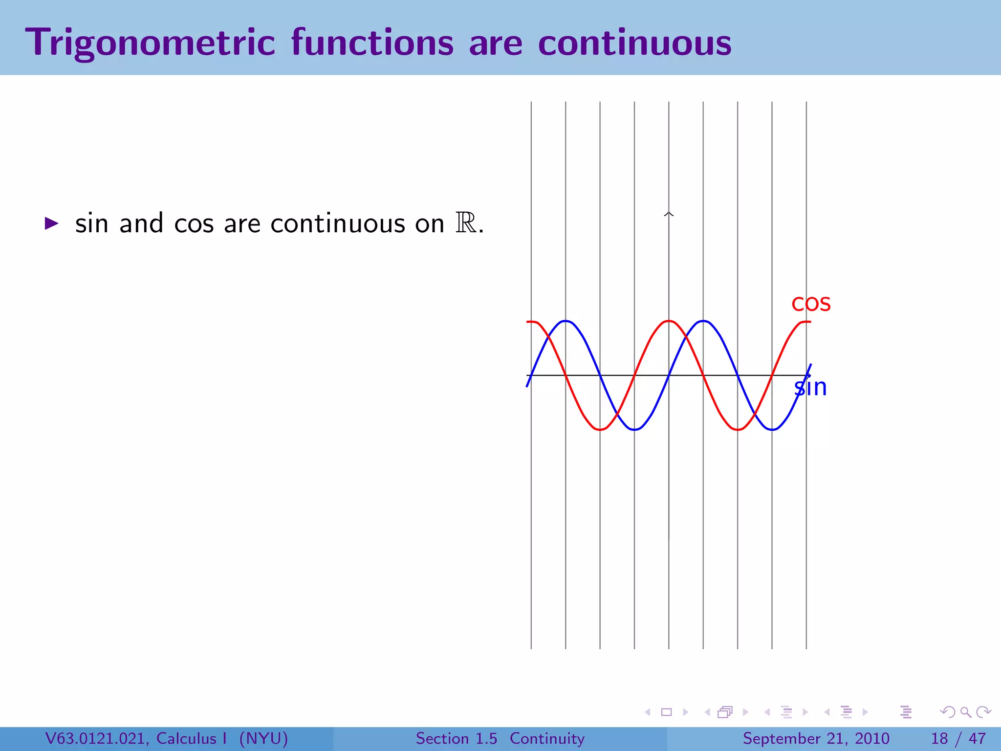 Trigonometric functions are continuous



    sin and cos are continuous on R.

                                                                cos

                                                                 sin




 V63.0121.021, Calculus I (NYU)   Section 1.5 Continuity   September 21, 2010   18 / 47
 