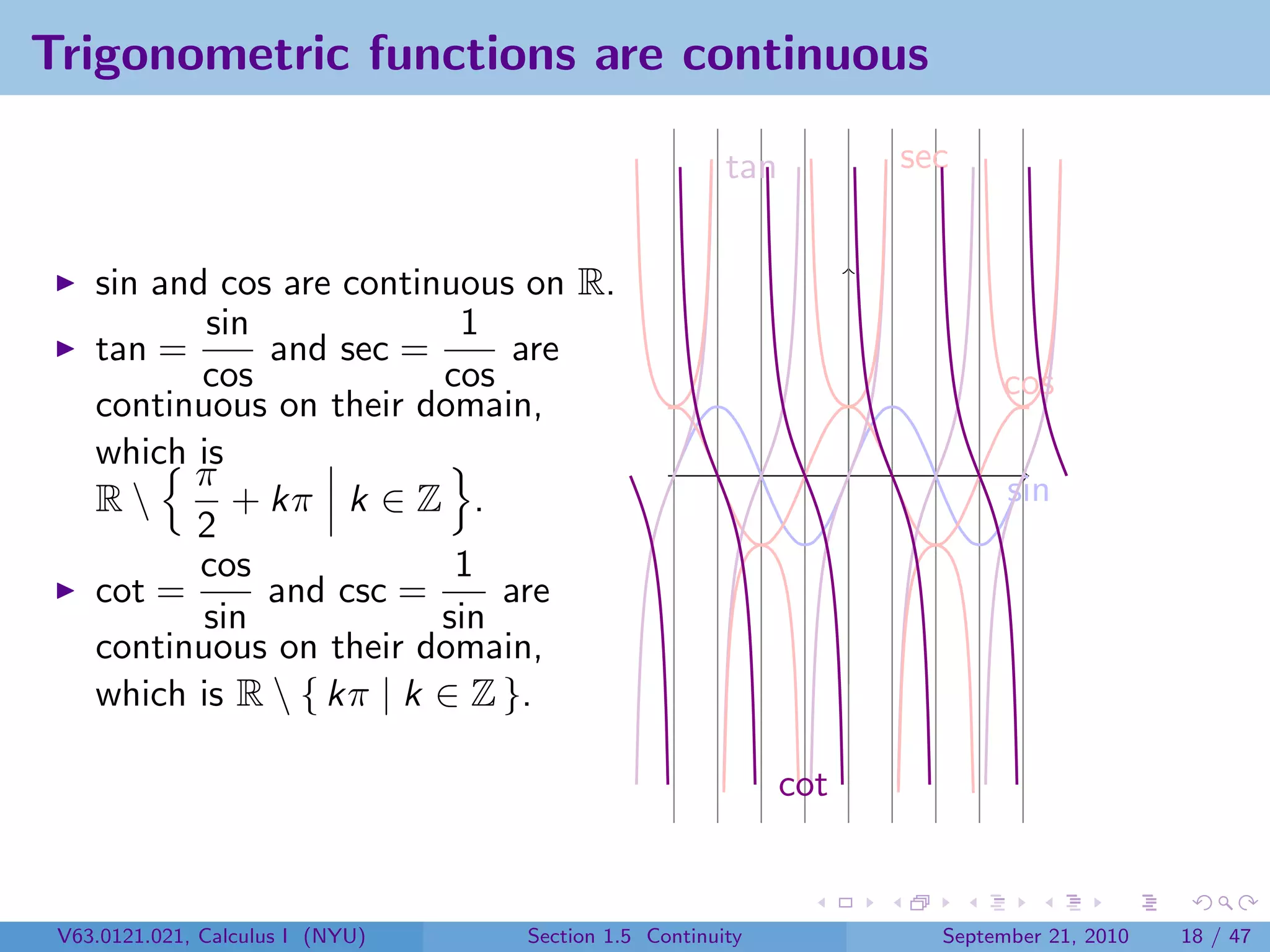 Trigonometric functions are continuous

                                                      tan         sec


    sin and cos are continuous on R.
           sin             1
    tan =      and sec =       are
           cos            cos                                            cos
    continuous on their domain,
    which is
          π                                                               sin
    R       + kπ k ∈ Z .
          2
           cos             1
    cot =      and csc =      are
           sin            sin
    continuous on their domain,
    which is R  { kπ | k ∈ Z }.

                                                            cot


 V63.0121.021, Calculus I (NYU)   Section 1.5 Continuity            September 21, 2010   18 / 47
 