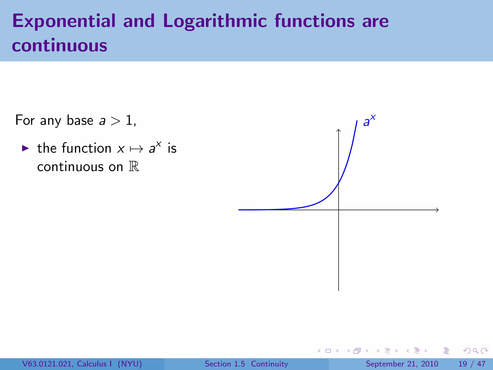 Exponential and Logarithmic functions are
continuous


For any base a > 1,                                        ax
    the function x → ax is
    continuous on R




 V63.0121.021, Calculus I (NYU)   Section 1.5 Continuity   September 21, 2010   19 / 47
 