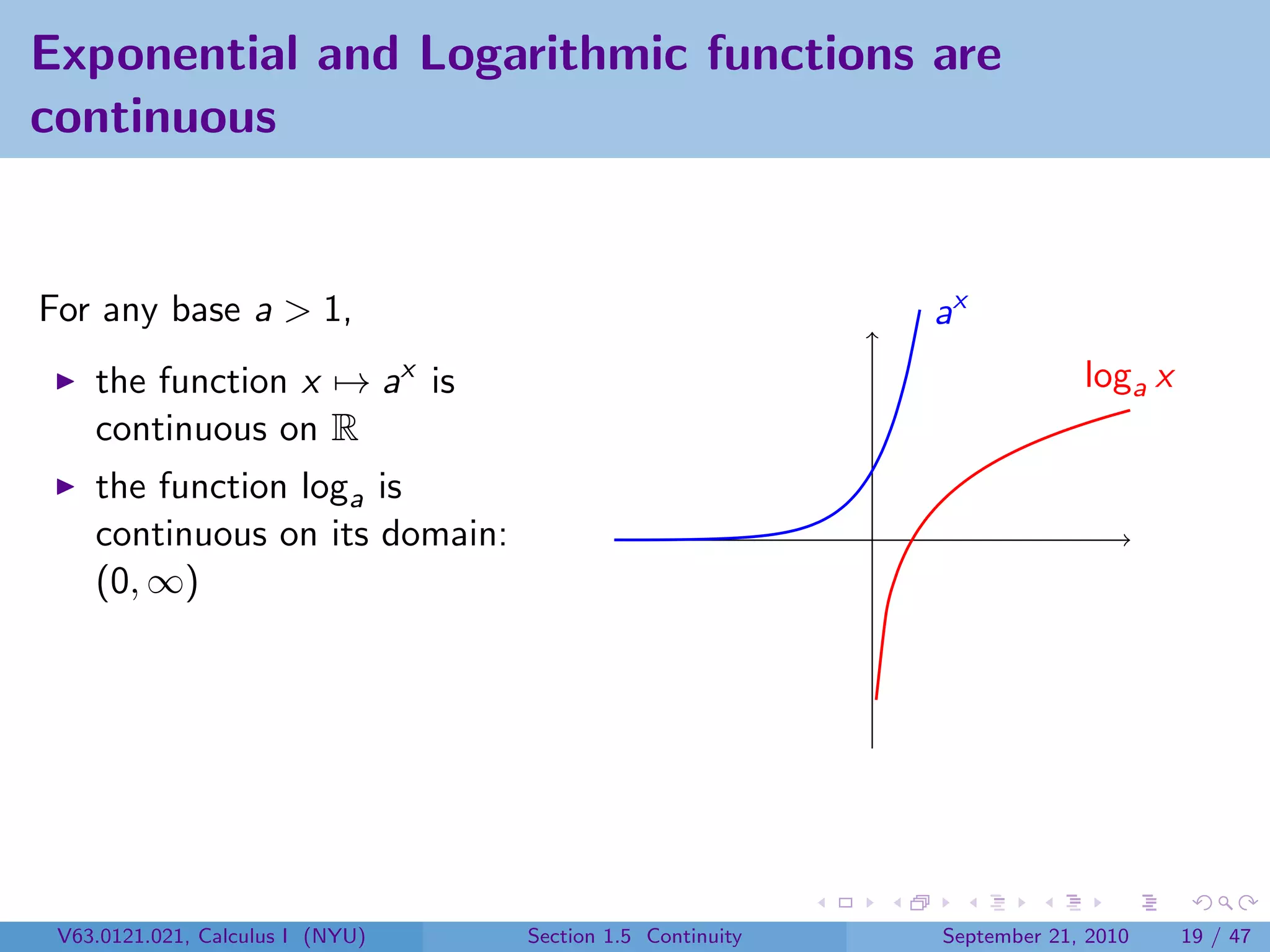 Exponential and Logarithmic functions are
continuous


For any base a > 1,                                        ax
    the function x → ax is                                              loga x
    continuous on R
    the function loga is
    continuous on its domain:
    (0, ∞)




 V63.0121.021, Calculus I (NYU)   Section 1.5 Continuity   September 21, 2010    19 / 47
 