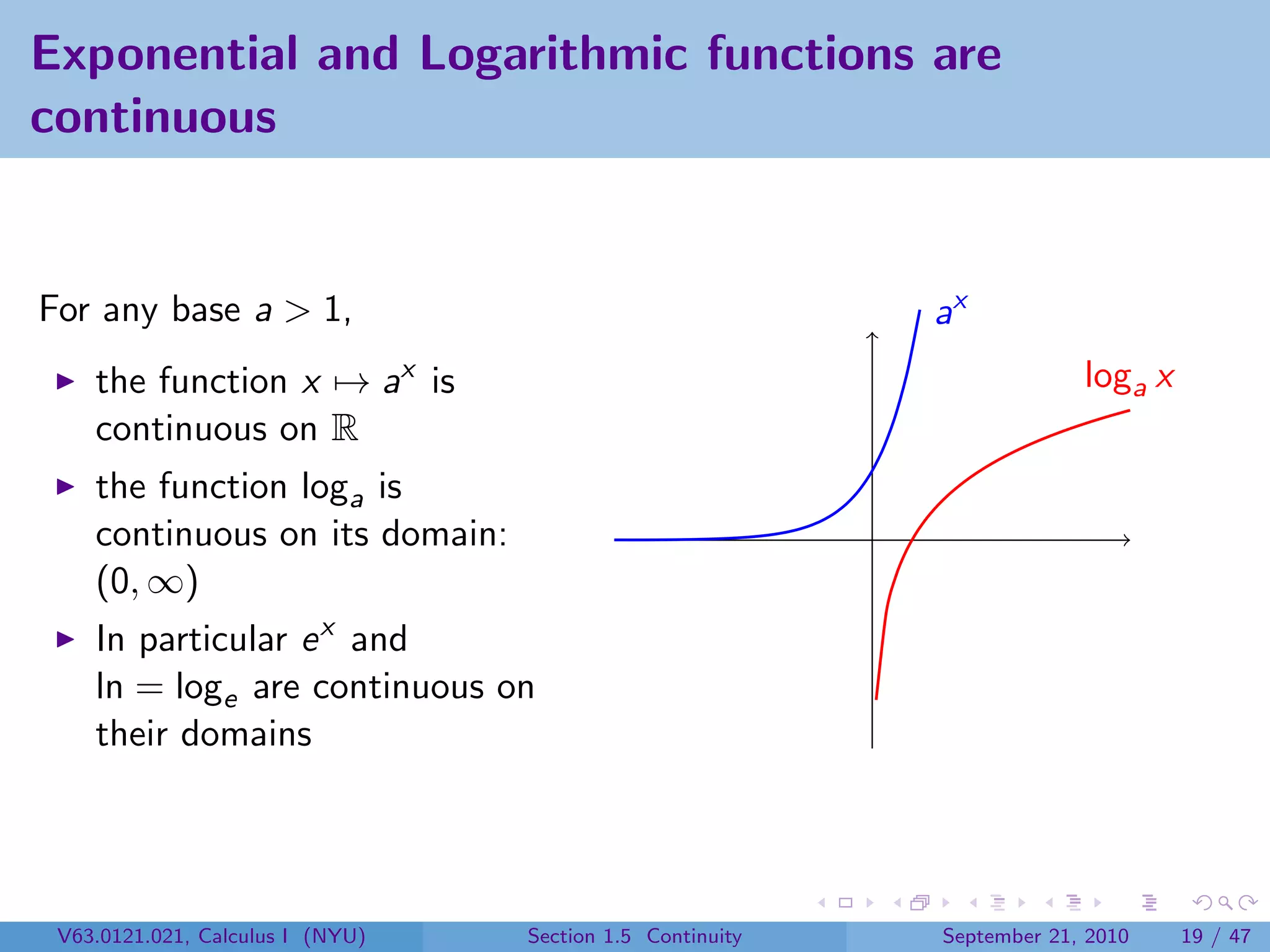 Exponential and Logarithmic functions are
continuous


For any base a > 1,                                        ax
    the function x → ax is                                              loga x
    continuous on R
    the function loga is
    continuous on its domain:
    (0, ∞)
    In particular e x and
    ln = loge are continuous on
    their domains




 V63.0121.021, Calculus I (NYU)   Section 1.5 Continuity   September 21, 2010    19 / 47
 