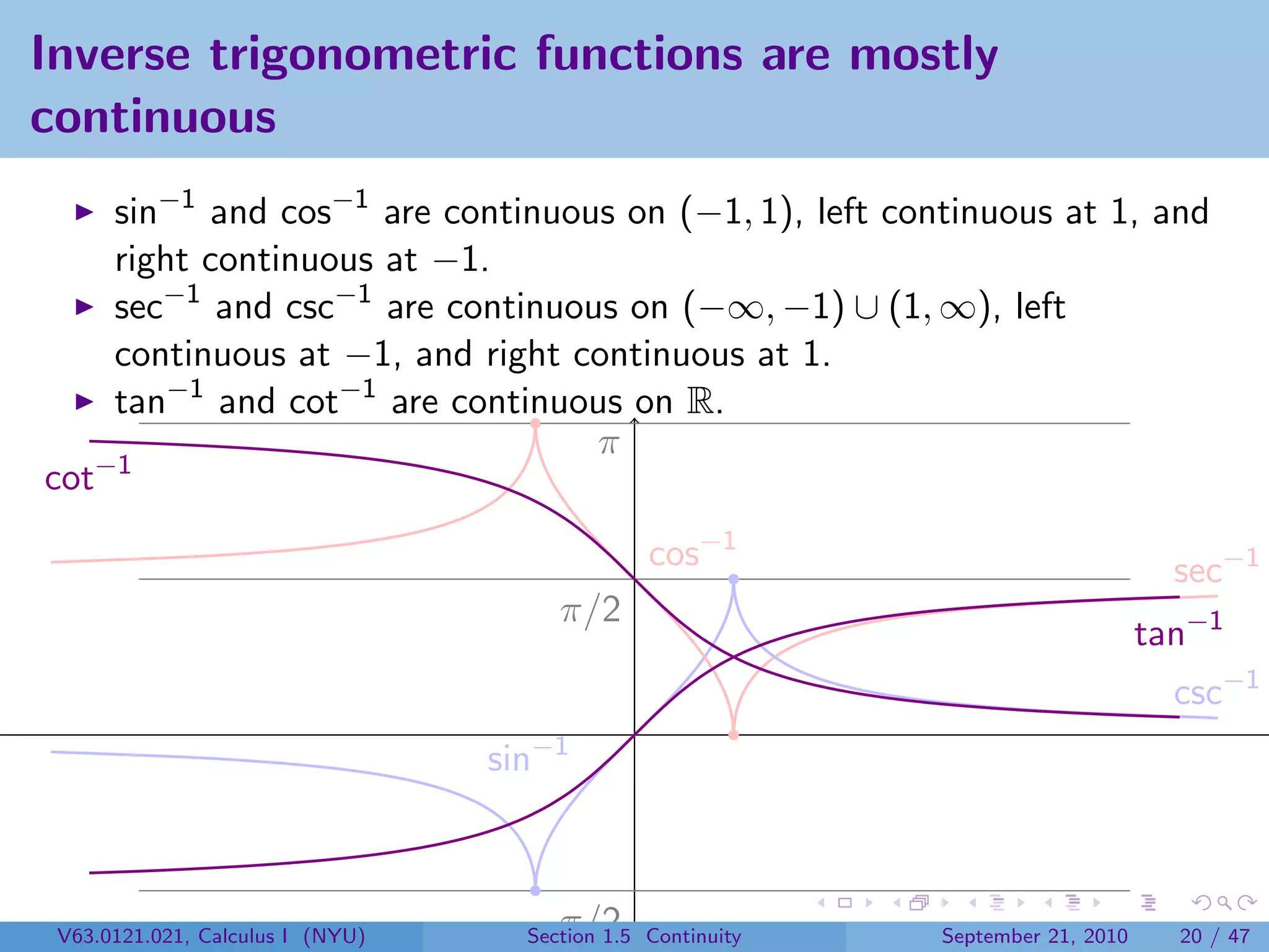 Inverse trigonometric functions are mostly
continuous
      sin−1 and cos−1 are continuous on (−1, 1), left continuous at 1, and
      right continuous at −1.
      sec−1 and csc−1 are continuous on (−∞, −1) ∪ (1, ∞), left
      continuous at −1, and right continuous at 1.
      tan−1 and cot−1 are continuous on R.
                                   π
cot−1
                                                cos−1                               sec−1
                                       π/2
                                                                                  tan−1
                                                                                    csc−1
                                  sin−1



 V63.0121.021, Calculus I (NYU)     −π/2
                                    Section 1.5 Continuity   September 21, 2010     20 / 47
 
