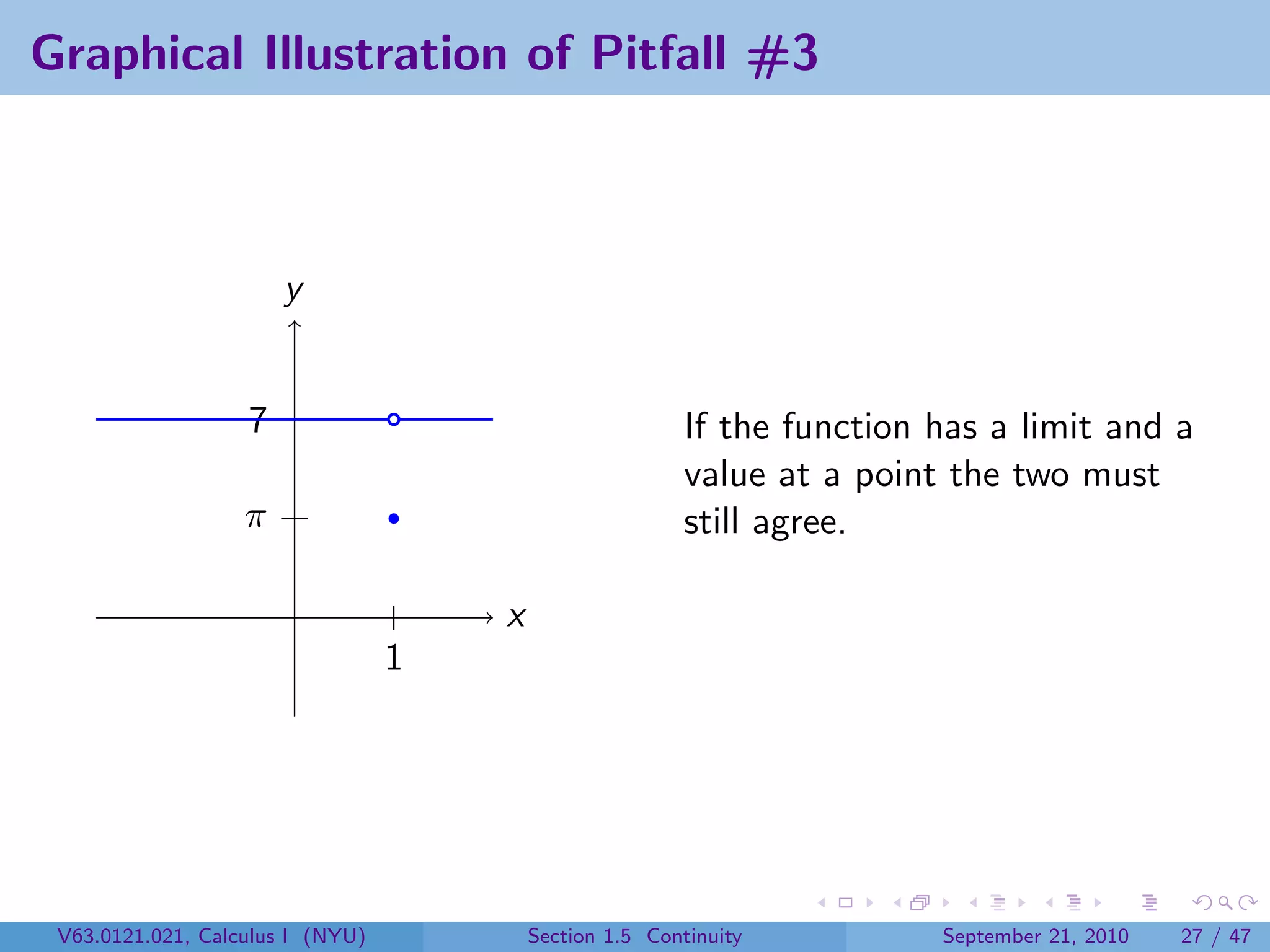 Graphical Illustration of Pitfall #3



                       y


                   7                                      If the function has a limit and a
                                                          value at a point the two must
                   π                                      still agree.

                                      x
                                  1




 V63.0121.021, Calculus I (NYU)           Section 1.5 Continuity          September 21, 2010   27 / 47
 