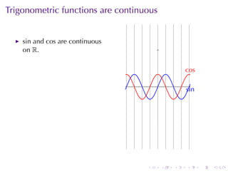 Trigonometric	functions	are	continuous


    sin and cos are	continuous
    on R.

                                                     c
                                                     . os

                                         .
                                                     s
                                                     . in




                                   .         .   .   .      .   .
 