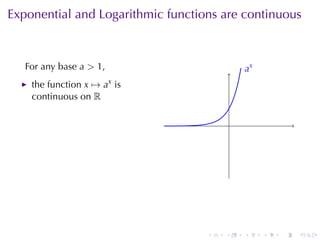 Exponential	and	Logarithmic	functions	are	continuous



   For	any	base a > 1,                         .x
                                               a
    the	function x → ax is
    continuous	on R

                                           .




                                   .   .       .    .   .   .
 