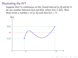 Illustrating	the	IVT
   Suppose	that f is	continuous	on	the	closed	interval [a, b] and	let N
   be	any	number	between f(a) and f(b), where f(a) ̸= f(b). Then
   there	exists	a	number c in (a, b) such	that f(c) = N.
        f
        .(x )


    f
    .(b )                                            .

      N
      .

    f
    .(a )            .




            .            a
                         .                                       x
                                                                 .
                                                         b
                                                         .

                                                .    .       .       .   .   .
 