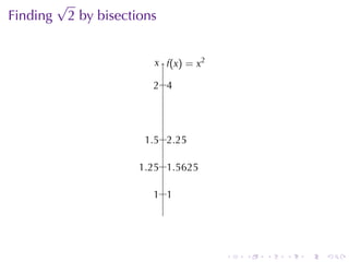 √
Finding 2 by	bisections


                       . .(x) = x2
                       x f

                       . ..
                       2 4




                     . .5 . . .25
                     1      2

                    . .25 . . .5625
                    1       1

                       . ..
                       1 1




                                      .   .   .   .   .   .
 