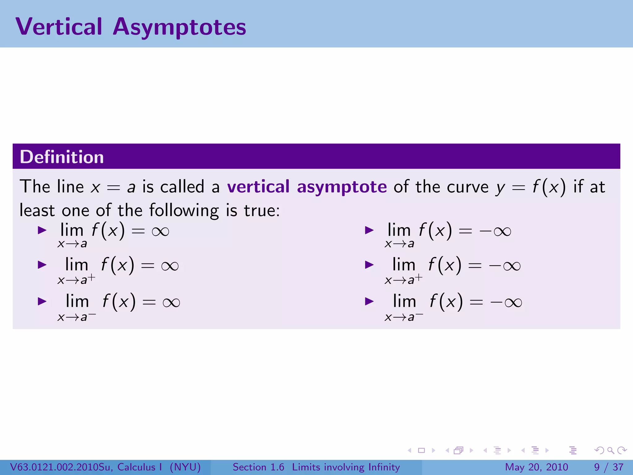 Vertical Asymptotes




 Deﬁnition
 The line x = a is called a vertical asymptote of the curve y = f (x) if at
 least one of the following is true:
       lim f (x) = ∞                          lim f (x) = −∞
         x→a                                                            x→a
          lim+ f (x) = ∞                                                  lim f (x) = −∞
         x→a                                                            x→a+
          lim f (x) = ∞                                                   lim f (x) = −∞
         x→a−                                                           x→a−




V63.0121.002.2010Su, Calculus I (NYU)   Section 1.6 Limits involving Inﬁnity          May 20, 2010   9 / 37
 