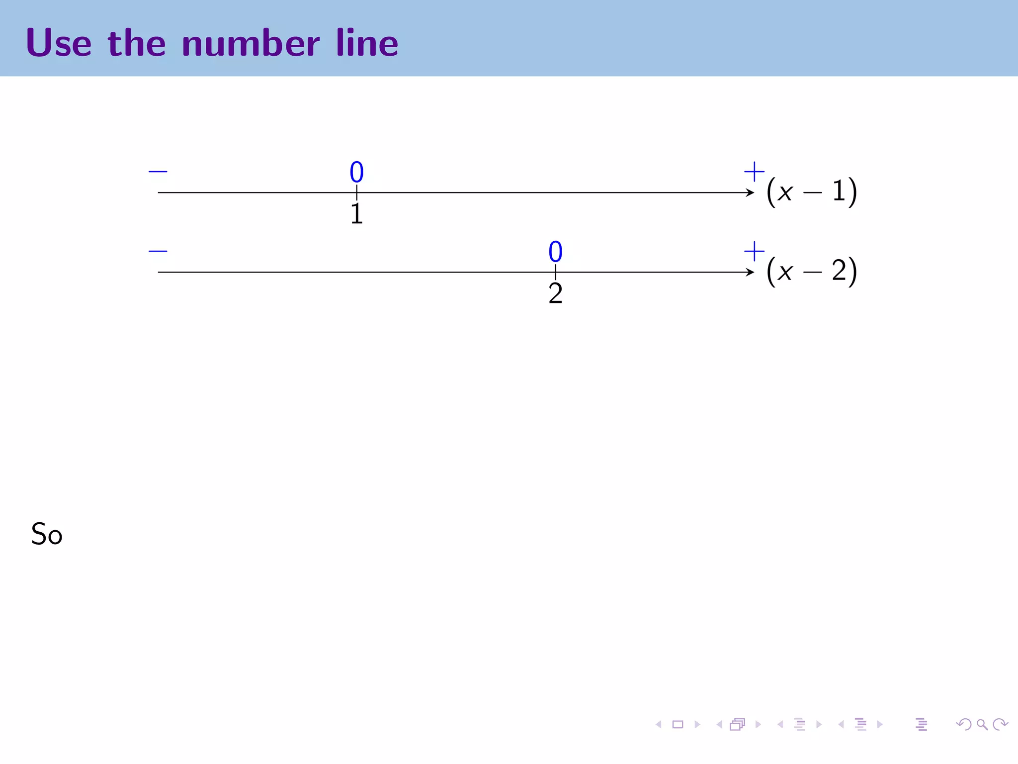 Use the number line


      −         0         +
                           (x − 1)
                1
      −               0   +
                           (x − 2)
                      2




So
 