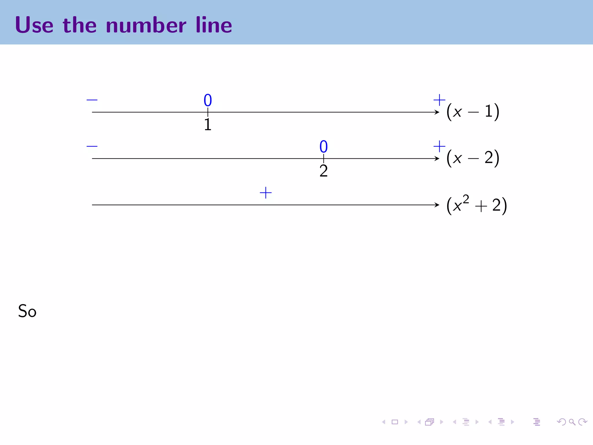 Use the number line


      −         0             +
                               (x − 1)
                1
      −                   0   +
                               (x − 2)
                          2
                      +
                               (x 2 + 2)




So
 