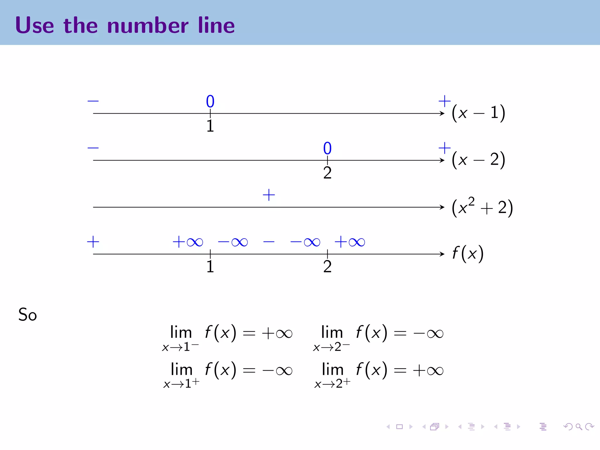 Use the number line


      −            0                       +
                                            (x − 1)
                   1
      −                        0           +
                                            (x − 2)
                               2
                       +
                                               (x 2 + 2)
      +      +∞ −∞ − −∞ +∞
                                               f (x)
               1       2

So
             lim f (x) = +∞   lim f (x) = −∞
            x→1−              x→2−
             lim f (x) = −∞   lim f (x) = +∞
            x→1+              x→2+
 
