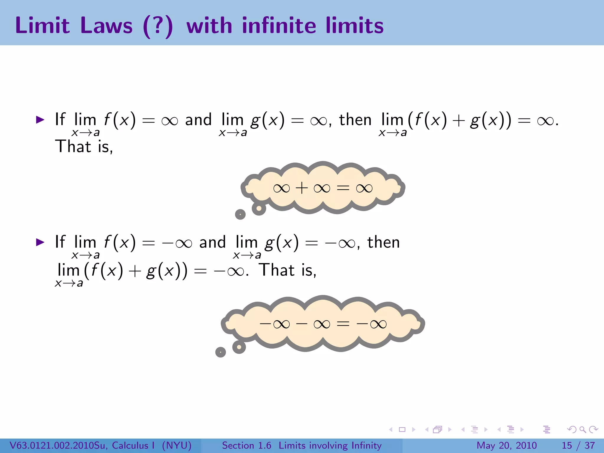 Limit Laws (?) with inﬁnite limits


         If lim f (x) = ∞ and lim g (x) = ∞, then lim (f (x) + g (x)) = ∞.
            x→a               x→a                 x→a
         That is,

                                                   ∞+∞=∞


         If lim f (x) = −∞ and lim g (x) = −∞, then
            x→a                           x→a
         lim (f (x) + g (x)) = −∞. That is,
         x→a


                                                −∞ − ∞ = −∞




V63.0121.002.2010Su, Calculus I (NYU)   Section 1.6 Limits involving Inﬁnity   May 20, 2010   15 / 37
 