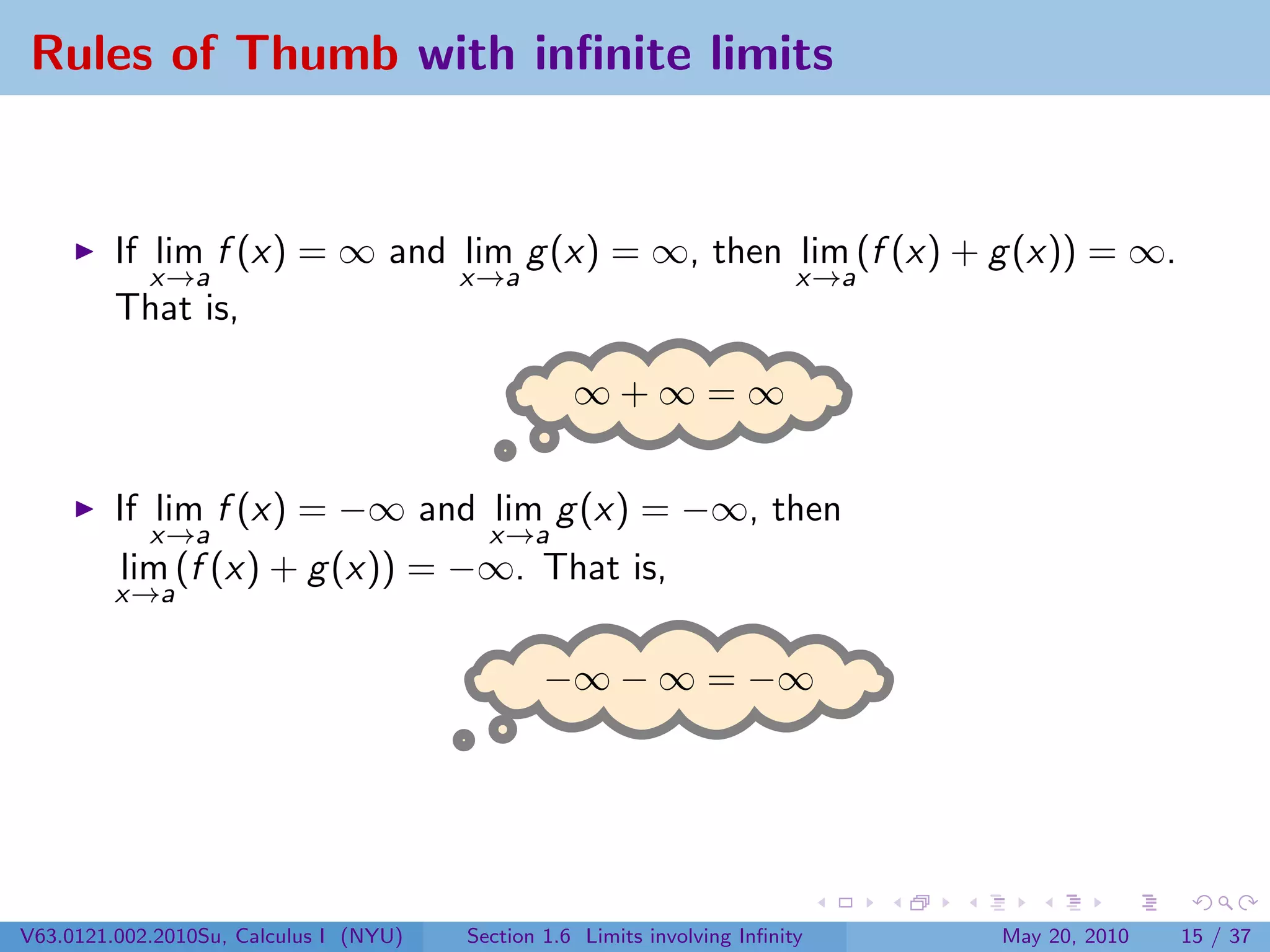 Rules of Thumb with inﬁnite limits


         If lim f (x) = ∞ and lim g (x) = ∞, then lim (f (x) + g (x)) = ∞.
            x→a               x→a                 x→a
         That is,

                                                   ∞+∞=∞


         If lim f (x) = −∞ and lim g (x) = −∞, then
            x→a                           x→a
         lim (f (x) + g (x)) = −∞. That is,
         x→a


                                                −∞ − ∞ = −∞




V63.0121.002.2010Su, Calculus I (NYU)   Section 1.6 Limits involving Inﬁnity   May 20, 2010   15 / 37
 
