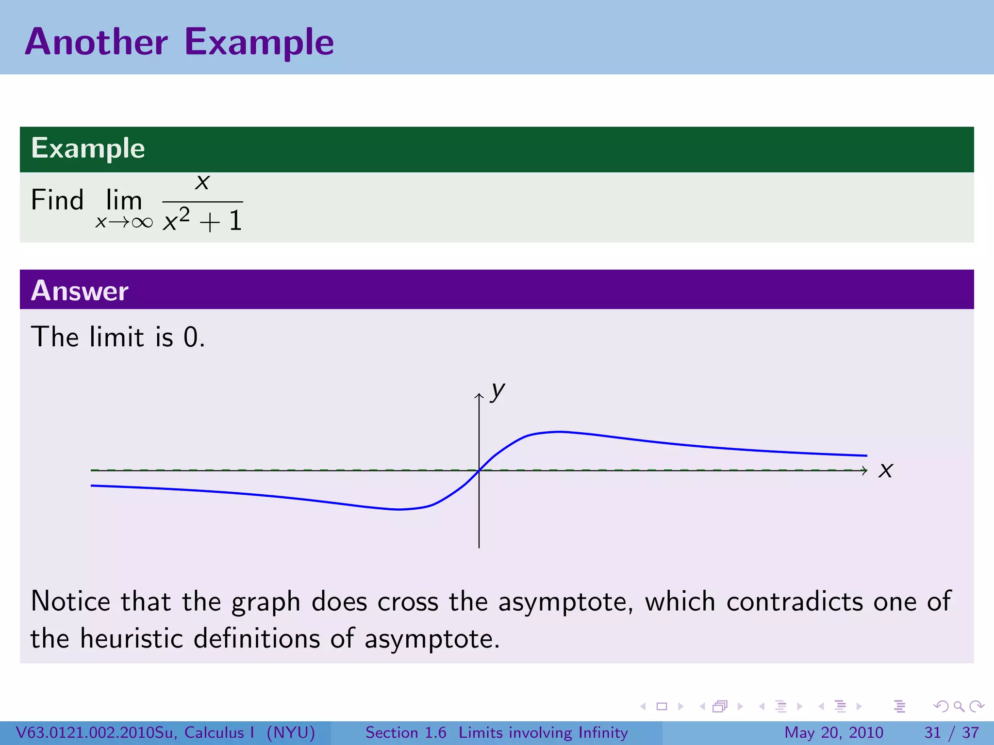 Another Example

 Example
                     x
 Find lim
         x→∞      x2 + 1

 Answer
 The limit is 0.
                                                        y

                                                                                          x



 Notice that the graph does cross the asymptote, which contradicts one of
 the heuristic deﬁnitions of asymptote.


V63.0121.002.2010Su, Calculus I (NYU)   Section 1.6 Limits involving Inﬁnity   May 20, 2010   31 / 37
 