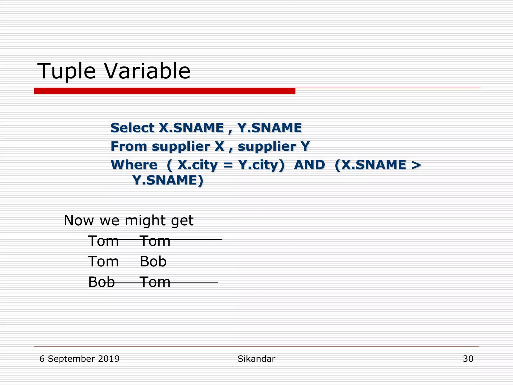 6 September 2019 Sikandar 30
Tuple Variable
Select X.SNAME , Y.SNAME
From supplier X , supplier Y
Where ( X.city = Y.city) AND (X.SNAME >
Y.SNAME)
Now we might get
Tom Tom
Tom Bob
Bob Tom
 