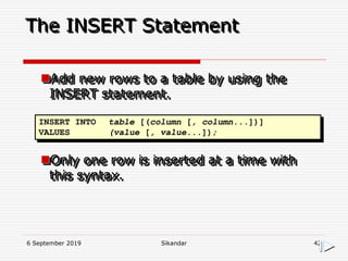 6 September 2019 Sikandar 42
The INSERT Statement
Add new rows to a table by using the
INSERT statement.
Only one row is inserted at a time with
this syntax.
INSERT INTO table [(column [, column...])]
VALUES (value [, value...]);
 