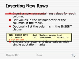 6 September 2019 Sikandar 43
Inserting New Rows
SQL> INSERT INTO dept (deptno, dname, loc)
2 VALUES (50, 'DEVELOPMENT', 'DETROIT');
1 row created.
 Insert a new row containing values for each
column.
 List values in the default order of the
columns in the table.
 Optionally list the columns in the INSERT
clause.
 Enclose character and date values within
single quotation marks.
 