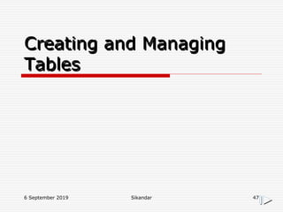 6 September 2019 Sikandar 47
Creating and Managing
Tables
 