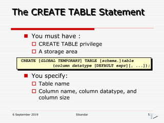 6 September 2019 Sikandar 51
The CREATE TABLE Statement
CREATE [GLOBAL TEMPORARY] TABLE [schema.]table
(column datatype [DEFAULT expr][, ...]);
 You must have :
 CREATE TABLE privilege
 A storage area
 You specify:
 Table name
 Column name, column datatype, and
column size
 