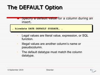 6 September 2019 Sikandar 53
The DEFAULT Option
… hiredate DATE DEFAULT SYSDATE, …
 Specify a default value for a column during an
insert.
• Legal values are literal value, expression, or SQL
function.
• Illegal values are another column’s name or
pseudocolumn.
• The default datatype must match the column
datatype.
 