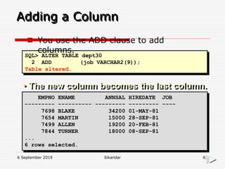6 September 2019 Sikandar 63
Adding a Column
EMPNO ENAME ANNSAL HIREDATE JOB
--------- ---------- --------- --------- ----
7698 BLAKE 34200 01-MAY-81
7654 MARTIN 15000 28-SEP-81
7499 ALLEN 19200 20-FEB-81
7844 TURNER 18000 08-SEP-81
...
6 rows selected.
SQL> ALTER TABLE dept30
2 ADD (job VARCHAR2(9));
Table altered.
• The new column becomes the last column.
 You use the ADD clause to add
columns.
 
