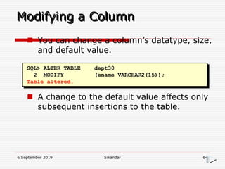 6 September 2019 Sikandar 64
Modifying a Column
SQL> ALTER TABLE dept30
2 MODIFY (ename VARCHAR2(15));
Table altered.
 You can change a column’s datatype, size,
and default value.
 A change to the default value affects only
subsequent insertions to the table.
 