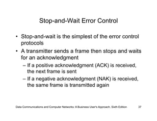 Stop-and-Wait Error Control

•  Stop-and-wait is the simplest of the error control
   protocols
•  A transmitter sends a frame then stops and waits
   for an acknowledgment
     –  If a positive acknowledgment (ACK) is received,
        the next frame is sent
     –  If a negative acknowledgment (NAK) is received,
        the same frame is transmitted again



Data Communications and Computer Networks: A Business User's Approach, Sixth Edition   37
 