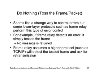 Do Nothing (Toss the Frame/Packet)

•  Seems like a strange way to control errors but
   some lower-layer protocols such as frame relay
   perform this type of error control
•  For example, if frame relay detects an error, it
   simply tosses the frame
     –  No message is returned
•  Frame relay assumes a higher protocol (such as
   TCP/IP) will detect the tossed frame and ask for
   retransmission


Data Communications and Computer Networks: A Business User's Approach, Sixth Edition   35
 