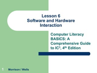 Lesson 6
Software and Hardware
Interaction
Computer Literacy
BASICS: A
Comprehensive Guide
to IC3, 4th Edition

1

Morrison / Wells

 