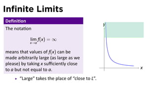 Inﬁnite Limits
Deﬁni on
                                                  y
The nota on

            lim f(x) = ∞
            x→a

means that values of f(x) can be
made arbitrarily large (as large as we
please) by taking x suﬃciently close
                                                  .   x
to a but not equal to a.
       “Large” takes the place of “close to L”.
 