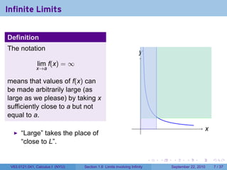 Infinite Limits


Definition
The notation
                                                                    y
                                                                    .
               lim f(x) = ∞
               x→a

means that values of f(x) can
be made arbitrarily large (as
large as we please) by taking x
sufficiently close to a but not
equal to a.
                                                                     .                               x
                                                                                                     .
      “Large” takes the place of
      “close to L”.

                                                                          .   .    .      .      .       .

 V63.0121.041, Calculus I (NYU)   Section 1.6 Limits involving Infinity           September 22, 2010         7 / 37
 
