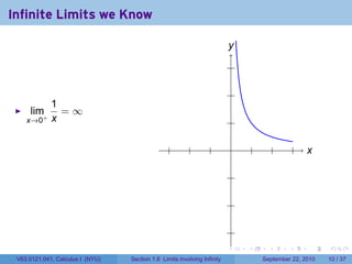 Infinite Limits we Know

                                                                          y
                                                                          .
                                                                              .

                                                                              .
         1
     lim+ = ∞
    x→0 x                                                                     .

                                                 .        .       .           .       .         .       .   x
                                                                                                            .

                                                                              .

                                                                              .

                                                                              .
                                                                          .       .         .       .       .   .

 V63.0121.041, Calculus I (NYU)   Section 1.6 Limits involving Infinity                   September 22, 2010    10 / 37
 