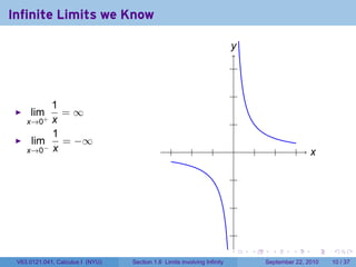 Infinite Limits we Know

                                                                          y
                                                                          .
                                                                              .

                                                                              .
         1
     lim+ = ∞
    x→0 x                                                                     .
         1
     lim   = −∞
    x→0− x                                       .        .       .           .       .         .       .   x
                                                                                                            .

                                                                              .

                                                                              .

                                                                              .
                                                                          .       .         .       .       .   .

 V63.0121.041, Calculus I (NYU)   Section 1.6 Limits involving Infinity                   September 22, 2010    10 / 37
 