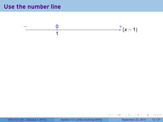 Use the number line

             −
             ..                   0
                                  ..                                                   .
                                                                                       +
                                                                                         . x − 1)
                                                                                         (
                                  1
                                  .




                                                                               .   .      .      .      .    .

 V63.0121.041, Calculus I (NYU)        Section 1.6 Limits involving Infinity            September 22, 2010   12 / 37
 