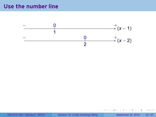 Use the number line

             −
             ..                   0
                                  ..                                                   .
                                                                                       +
                                                                                         . x − 1)
                                                                                         (
                                  1
                                  .
             −
             .                                                0
                                                              ..                       .
                                                                                       +
                                                                                         . x − 2)
                                                                                         (
                                                              2
                                                              .




                                                                               .   .      .      .      .    .

 V63.0121.041, Calculus I (NYU)        Section 1.6 Limits involving Infinity            September 22, 2010   12 / 37
 