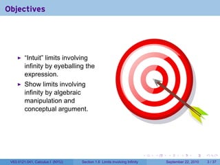 Objectives




         “Intuit” limits involving
         infinity by eyeballing the
         expression.
         Show limits involving
         infinity by algebraic
         manipulation and
         conceptual argument.




                                                                          .   .    .      .      .     .

 V63.0121.041, Calculus I (NYU)   Section 1.6 Limits involving Infinity           September 22, 2010       3 / 37
 