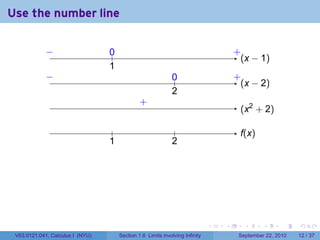 Use the number line

             −
             ..                   0
                                  ..                                                   .
                                                                                       +
                                                                                         . x − 1)
                                                                                         (
                                  1
                                  .
             −
             .                                                0
                                                              ..                       .
                                                                                       +
                                                                                         . x − 2)
                                                                                         (
                                                              2
                                                              .
                                                .
                                                +
                                                                                        . x2 + 2)
                                                                                        (

                                   .                           .                        f
                                                                                        .(x)
                                  1
                                  .                           2
                                                              .




                                                                               .   .      .      .      .    .

 V63.0121.041, Calculus I (NYU)        Section 1.6 Limits involving Infinity            September 22, 2010   12 / 37
 