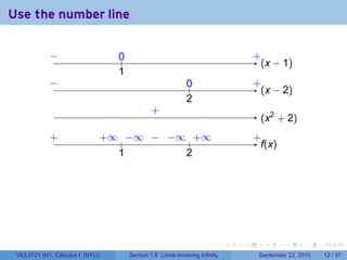 Use the number line

             −
             ..                      0
                                     ..                                                   .
                                                                                          +
                                                                                            . x − 1)
                                                                                            (
                                     1
                                     .
             −
             .                                                   0
                                                                 ..                       .
                                                                                          +
                                                                                            . x − 2)
                                                                                            (
                                                                 2
                                                                 .
                                                   .
                                                   +
                                                                                           . x2 + 2)
                                                                                           (
             .
             +                    . ∞ .. ∞ . . ∞ .. ∞
                                  +    −   − −    +                                       .
                                                                                          +
                                                                                            f
                                                                                            .(x)
                                     1
                                     .          2
                                                .




                                                                                  .   .      .      .      .    .

 V63.0121.041, Calculus I (NYU)           Section 1.6 Limits involving Infinity            September 22, 2010   12 / 37
 