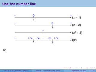 Use the number line

             −
             ..                      0
                                     ..                                                   .
                                                                                          +
                                                                                            . x − 1)
                                                                                            (
                                     1
                                     .
             −
             .                                                   0
                                                                 ..                       .
                                                                                          +
                                                                                            . x − 2)
                                                                                            (
                                                                 2
                                                                 .
                                                   .
                                                   +
                                                                                           . x2 + 2)
                                                                                           (
             .
             +                    . ∞ .. ∞ . . ∞ .. ∞
                                  +    −   − −    +                                       .
                                                                                          +
                                                                                            f
                                                                                            .(x)
                                     1
                                     .          2
                                                .

So




                                                                                  .   .      .      .      .    .

 V63.0121.041, Calculus I (NYU)           Section 1.6 Limits involving Infinity            September 22, 2010   12 / 37
 
