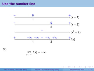 Use the number line

             −
             ..                      0
                                     ..                                                   .
                                                                                          +
                                                                                            . x − 1)
                                                                                            (
                                     1
                                     .
             −
             .                                                   0
                                                                 ..                       .
                                                                                          +
                                                                                            . x − 2)
                                                                                            (
                                                                 2
                                                                 .
                                                   .
                                                   +
                                                                                           . x2 + 2)
                                                                                           (
             .
             +                    . ∞ .. ∞ . . ∞ .. ∞
                                  +    −   − −    +                                       .
                                                                                          +
                                                                                            f
                                                                                            .(x)
                                     1
                                     .          2
                                                .

So
                                  lim f(x) = +∞
                              x→1−




                                                                                  .   .      .      .      .    .

 V63.0121.041, Calculus I (NYU)           Section 1.6 Limits involving Infinity            September 22, 2010   12 / 37
 