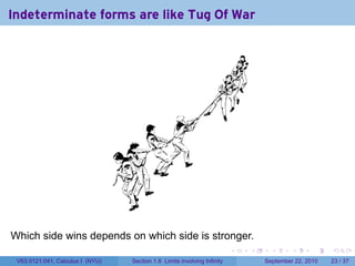 Indeterminate forms are like Tug Of War




Which side wins depends on which side is stronger.
                                                                          .   .     .      .      .    .

 V63.0121.041, Calculus I (NYU)   Section 1.6 Limits involving Infinity           September 22, 2010   23 / 37
 