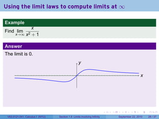 Using the limit laws to compute limits at ∞

Example
                   x
Find lim
       x→∞ x2      +1

Answer
The limit is 0.
                                                      y
                                                      .

                                                  .                                                   x
                                                                                                      .




                                                                          .   .     .      .      .       .

 V63.0121.041, Calculus I (NYU)   Section 1.6 Limits involving Infinity           September 22, 2010      28 / 37
 